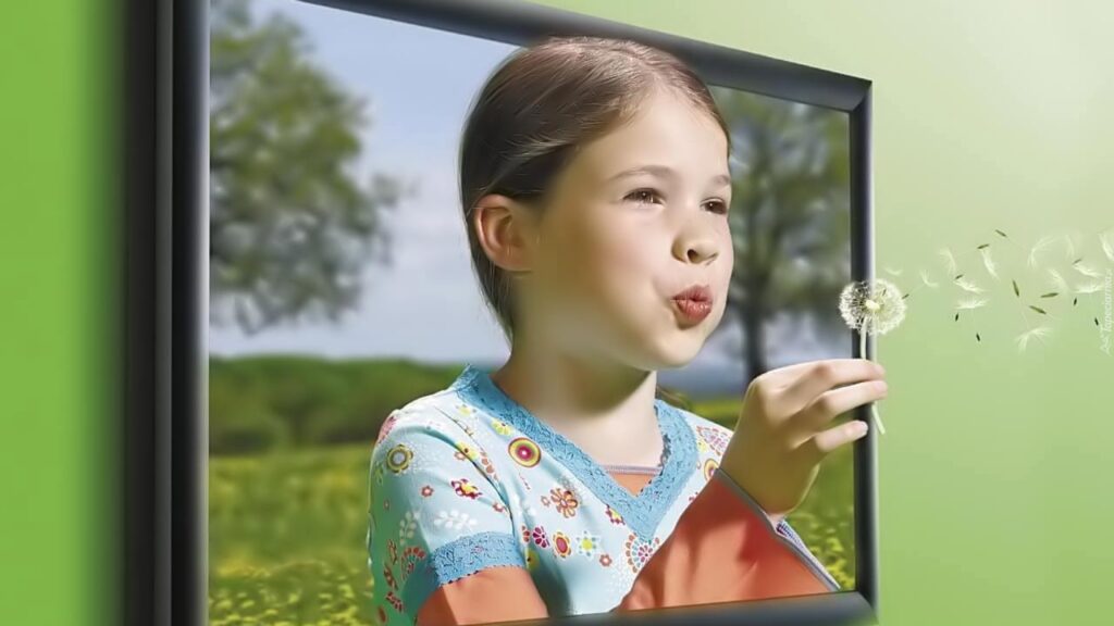 Girl watching TV with dandelions in the background